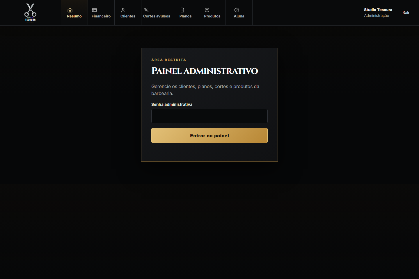Tela real do acesso administrativo em computador
